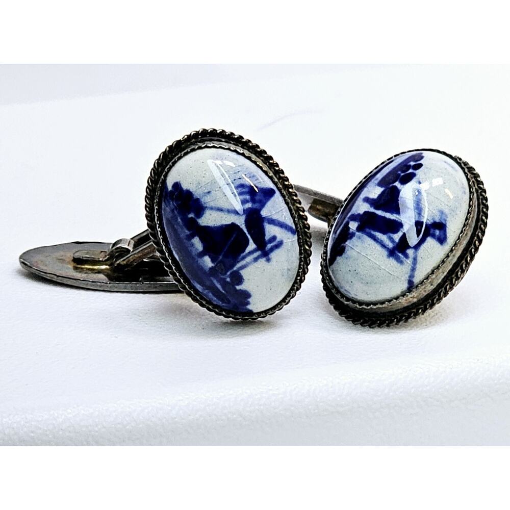 Vintage 835 Silver & Ceramic [Windmill/Countryside] Cufflinks (Tarnished)